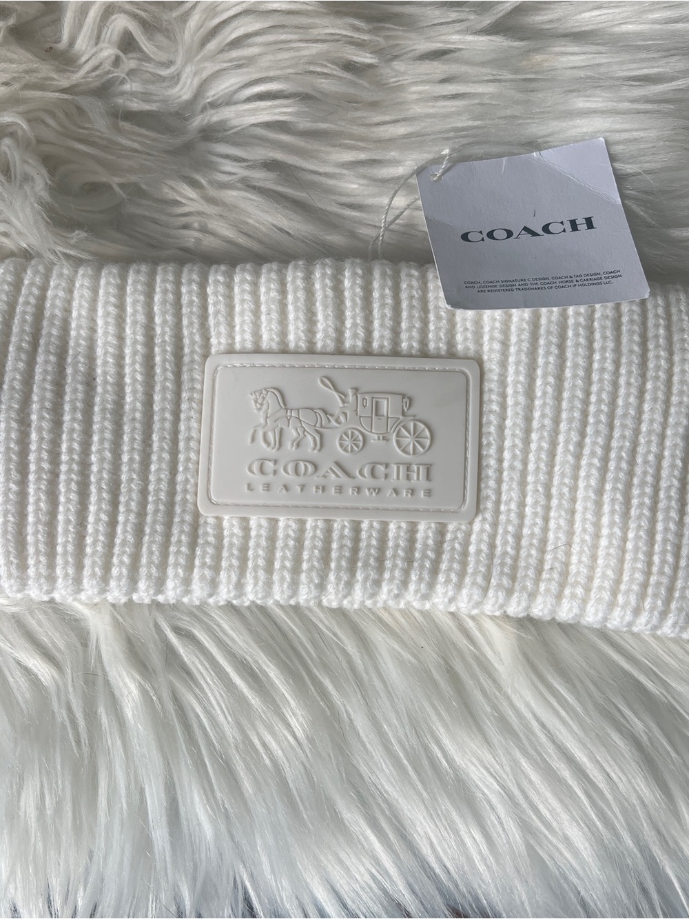 Coach White Ribbed Knit Headband with Embossed Logo Patch